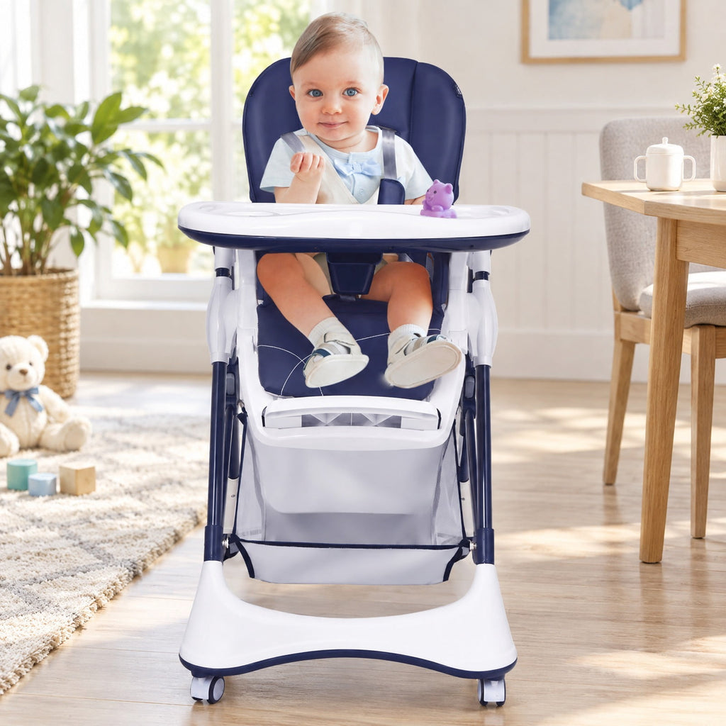Airfind A-Shaped High Chair with 4 Lockable Wheels, 50 lbs Capacity, Iron Frame, for 0-36 months, 22 x 26 x 32 Footprint, Navy