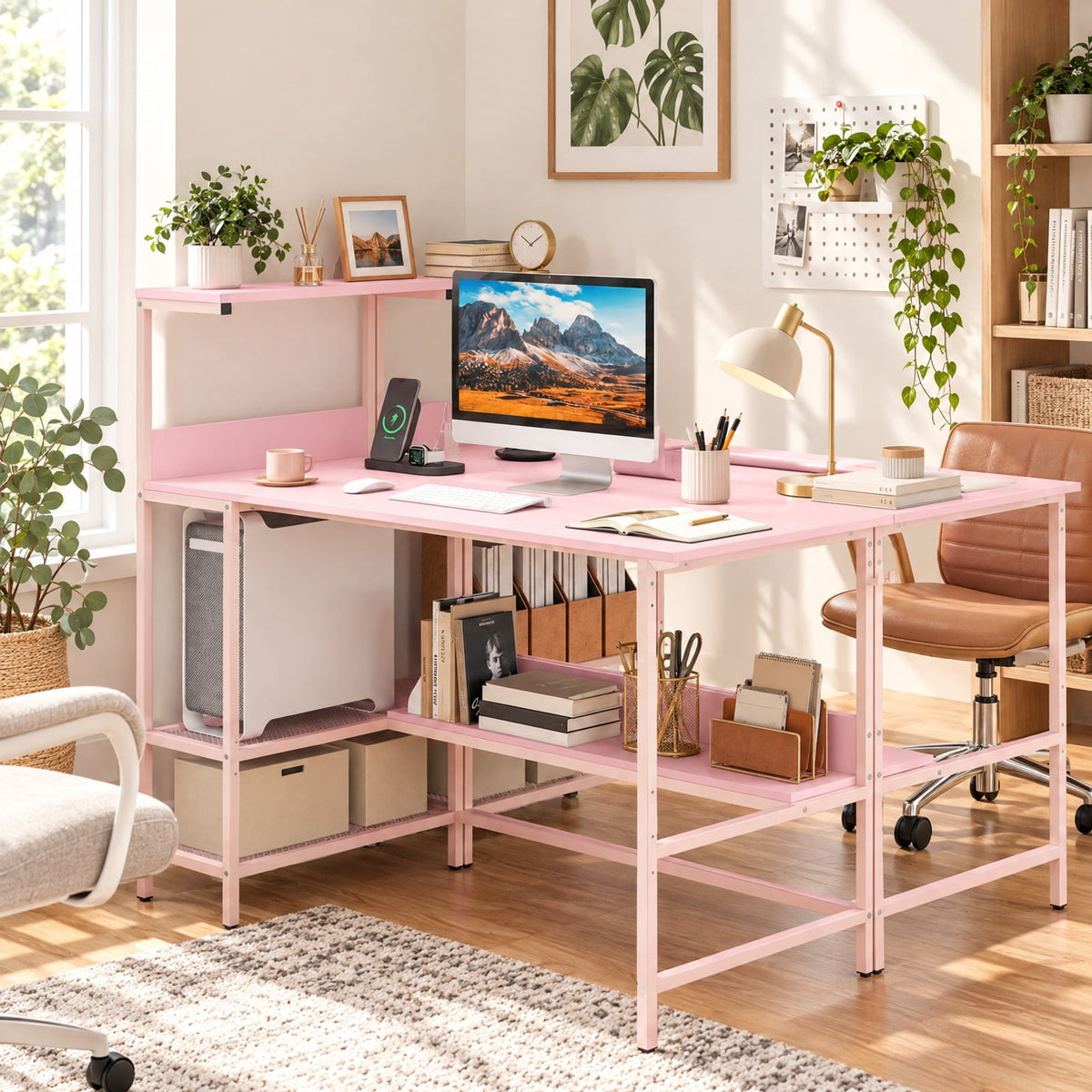 Airfind 48 Inch Computer Desk with Power Outlets and Storage Shelves, 88 lbs Capacity, Engineered Wood Metal Frame, 48 Inch x 23 Inch x 43.5 Inch Footprint