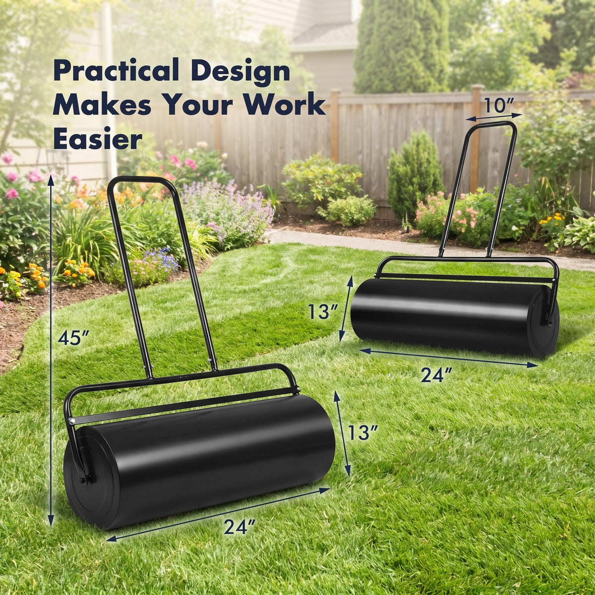 Airfind 24 x 13 Inch Tow Lawn Roller Water Filled Metal Push Roller, Steel Frame, 45 x 24 x 13 Footprint, Black