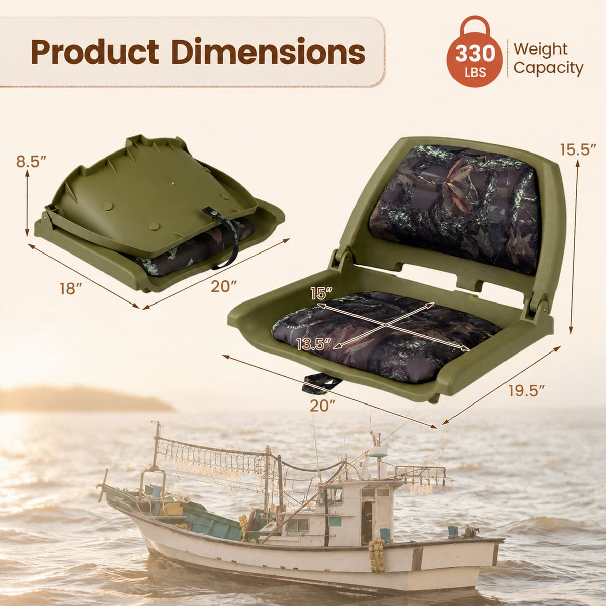 Airfind Folding Low Back Boat Seat with Marine Grade PVC and Sturdy PP Frame for Fishing Boats Pontoons and Marine Cabin Seating, Green