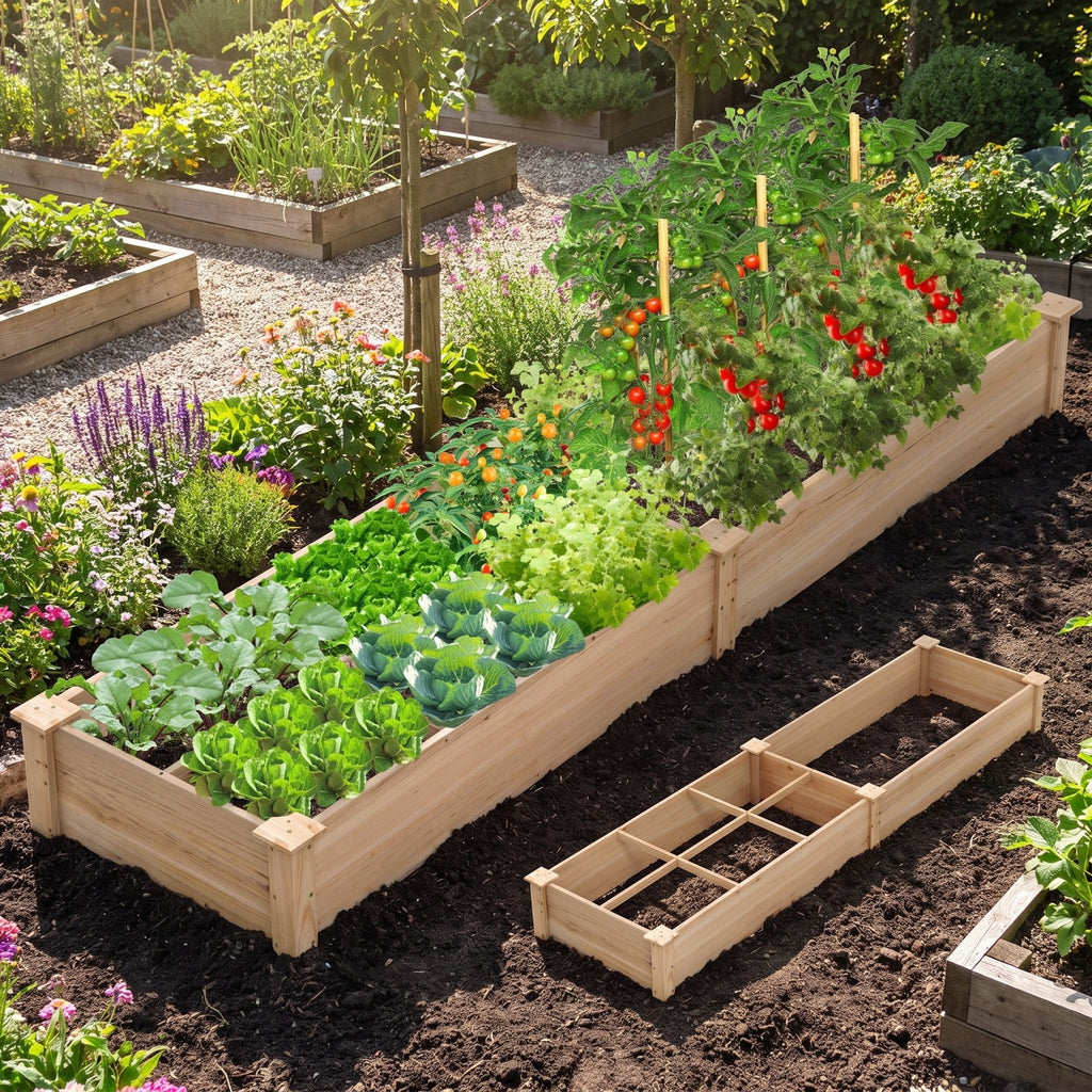 Airfind Wooden Raised Garden Bed with 2 Planter Boxes and Dividers, Fir Wood Frame, 90 x 25 x 10 (L x W x H) Interior Footprint, Natural