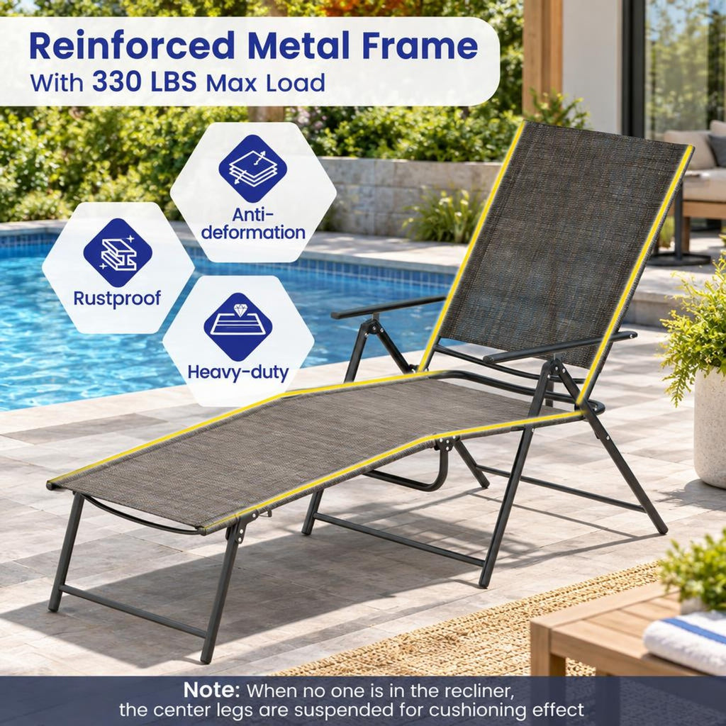 Airfind 2 Piece Patio Folding Chaise Lounge Chairs Recliner with 6-Level Backrest, 61-74.5 x 25 x 25.5-40Folding Footprint, Coffee