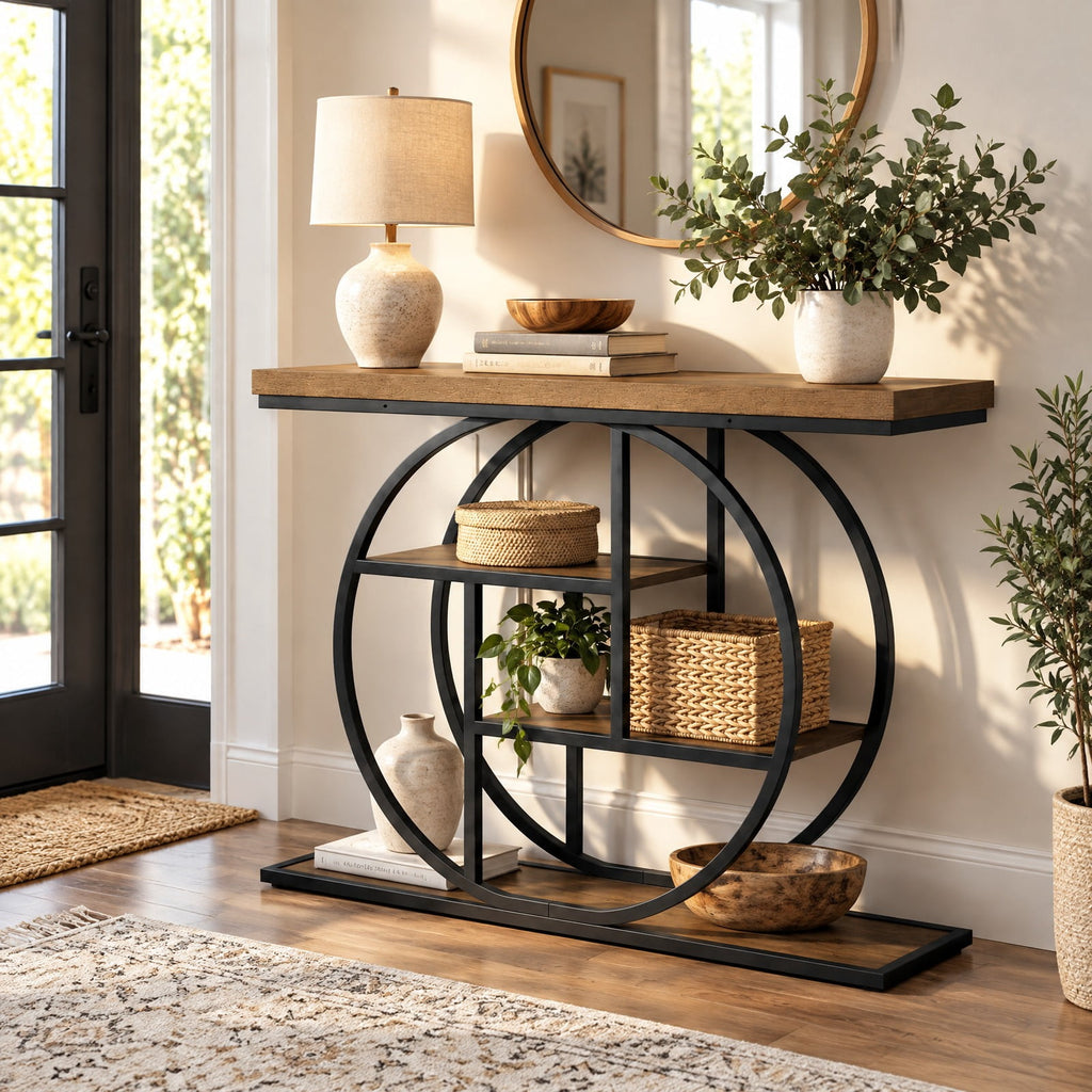 Airfind 4-Tier Console Table 41 Inches Entryway Table with Storage Shelves, 110 lbs Capacity, MDF Metal Frame, 41 Inch x 12 Inch x 31 Inch Footprint, Brown