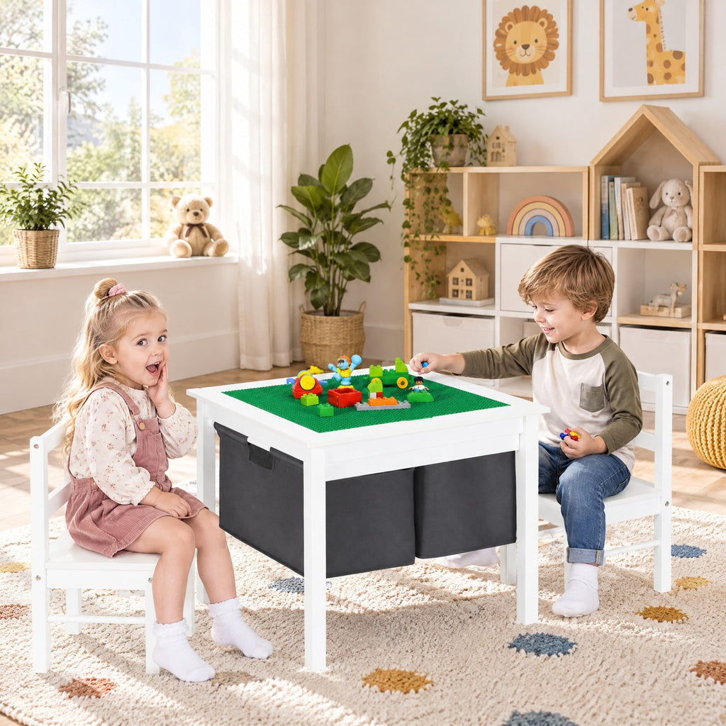Airfind 2-in-1 Youth Activity Table and 2 Chairs Set with Storage Building Block Table, 200 Lbs Capacity, MDF Non-woven Fabric, for 3-8 Years, White