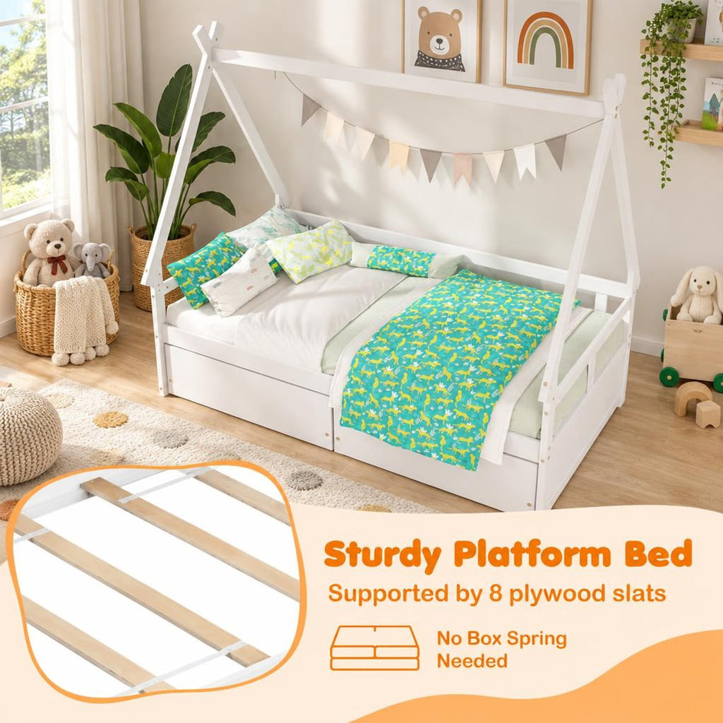 Airfind Twin Size House Bed with Roof and Safety Guardrail, Solid Wood MDF Plywood, Net Weight 83 Lbs for Convenient Everyday Use, White