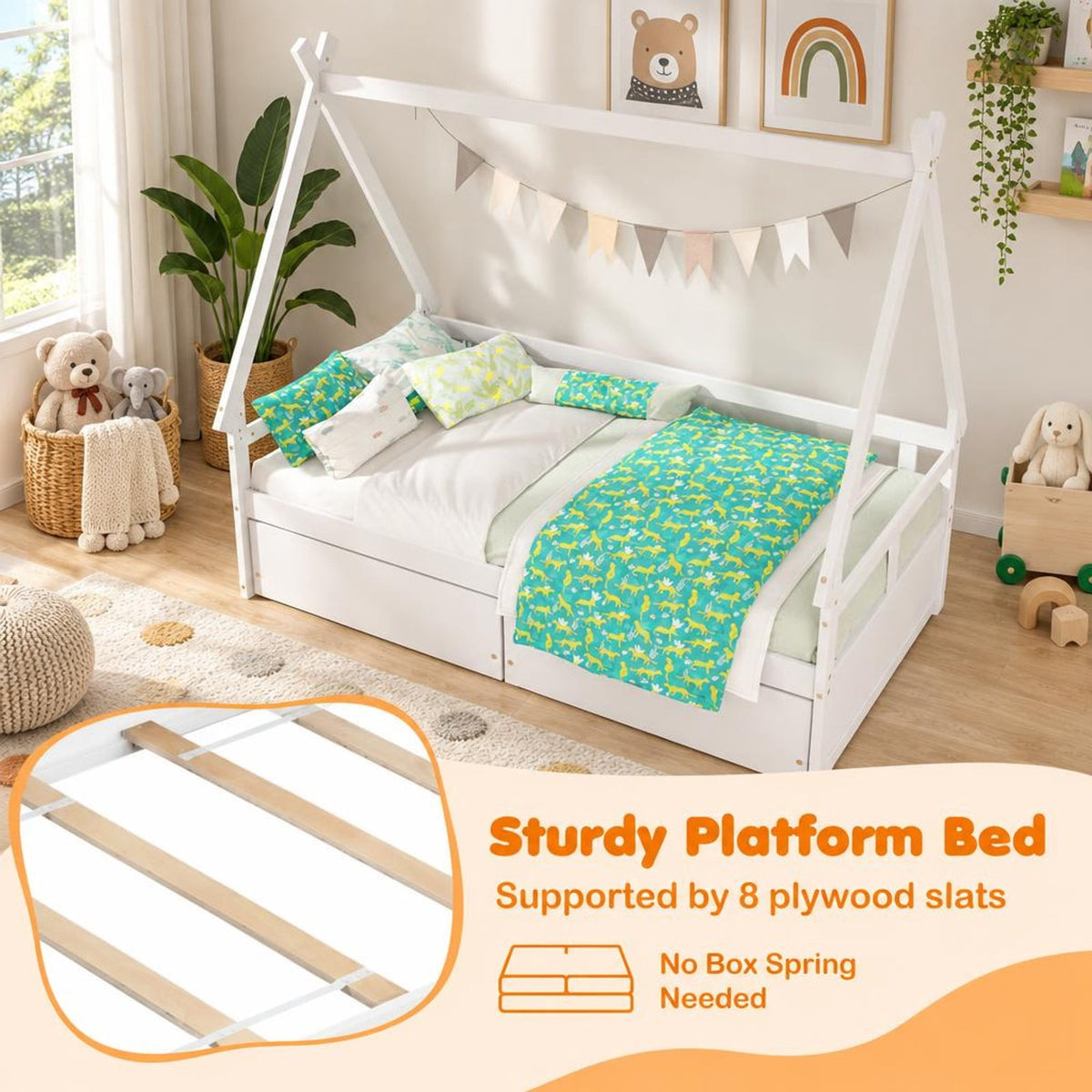Airfind Twin Size House Bed with Roof and Safety Guardrail, Solid Wood MDF Plywood, Net Weight 83 Lbs for Convenient Everyday Use, White