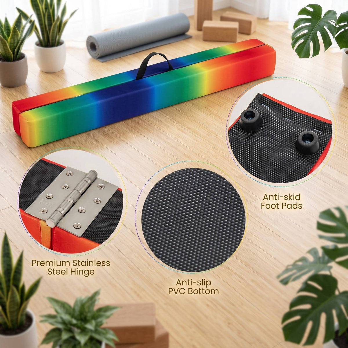 Airfind Folding Balance Beam for Kids with Solid Wood Base and Anti-slip Bottom for Home Gymnastics Training and Practice, Rainbow