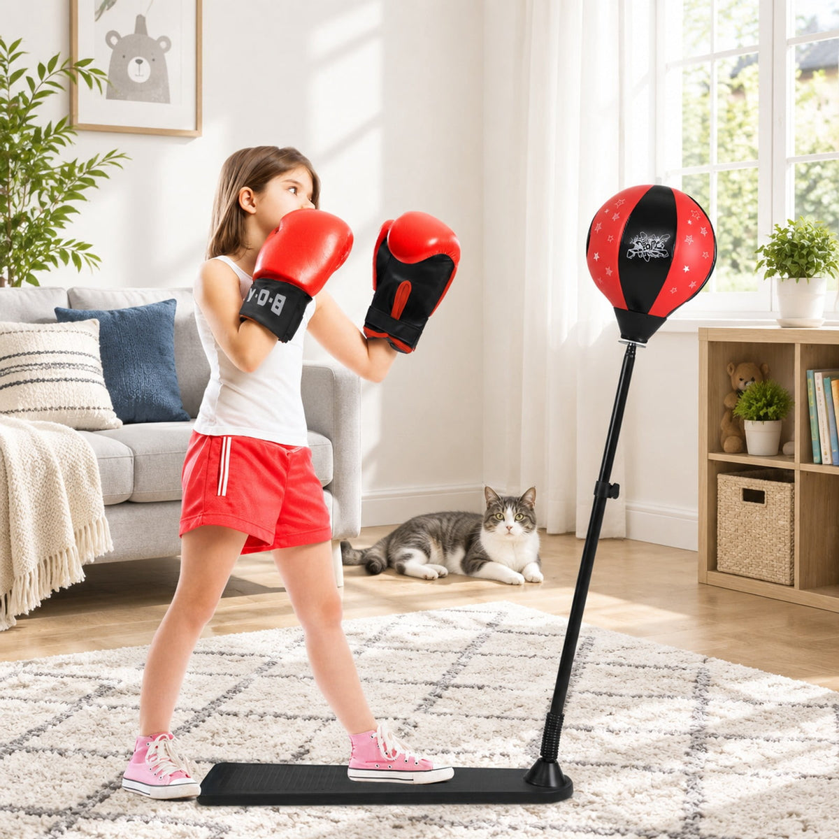 Airfind Kids Punching Bag with Adjustable Stand and Boxing Gloves, PE Frame, for 8+, Black red, Adjustable height 33.5- 61 Stand base