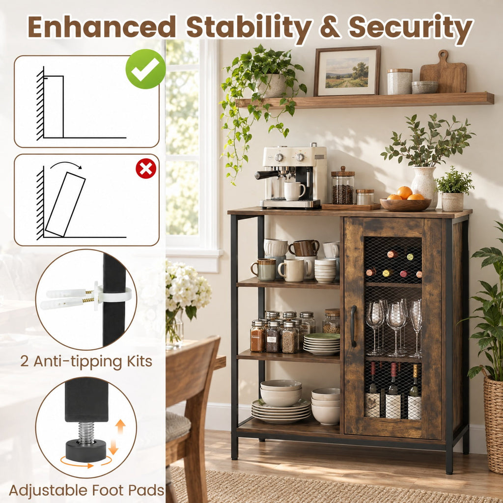 AIRFIND Storage Cabinet with Mesh Door, 3 Open Shelves and 2 Adjustable Interior Shelves, 27.5 in Industrial Buffet Sideboard, Rustic Brown