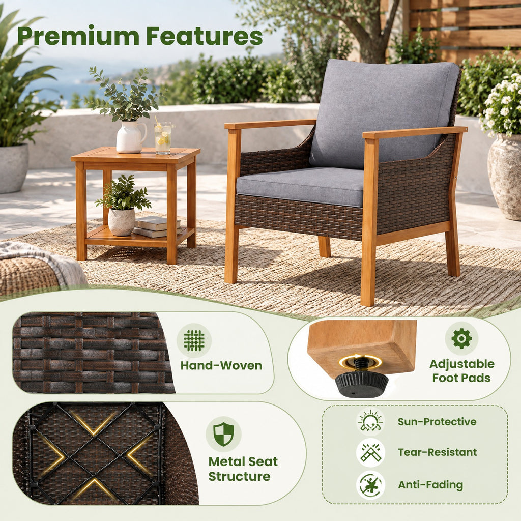 AIRFIND 3 Piece Patio Furniture Set with 2 Cushioned Chairs, Acacia Wood Frame and 2-Tier Side Table, Mix Brown PE Rattan and Gray Cushions
