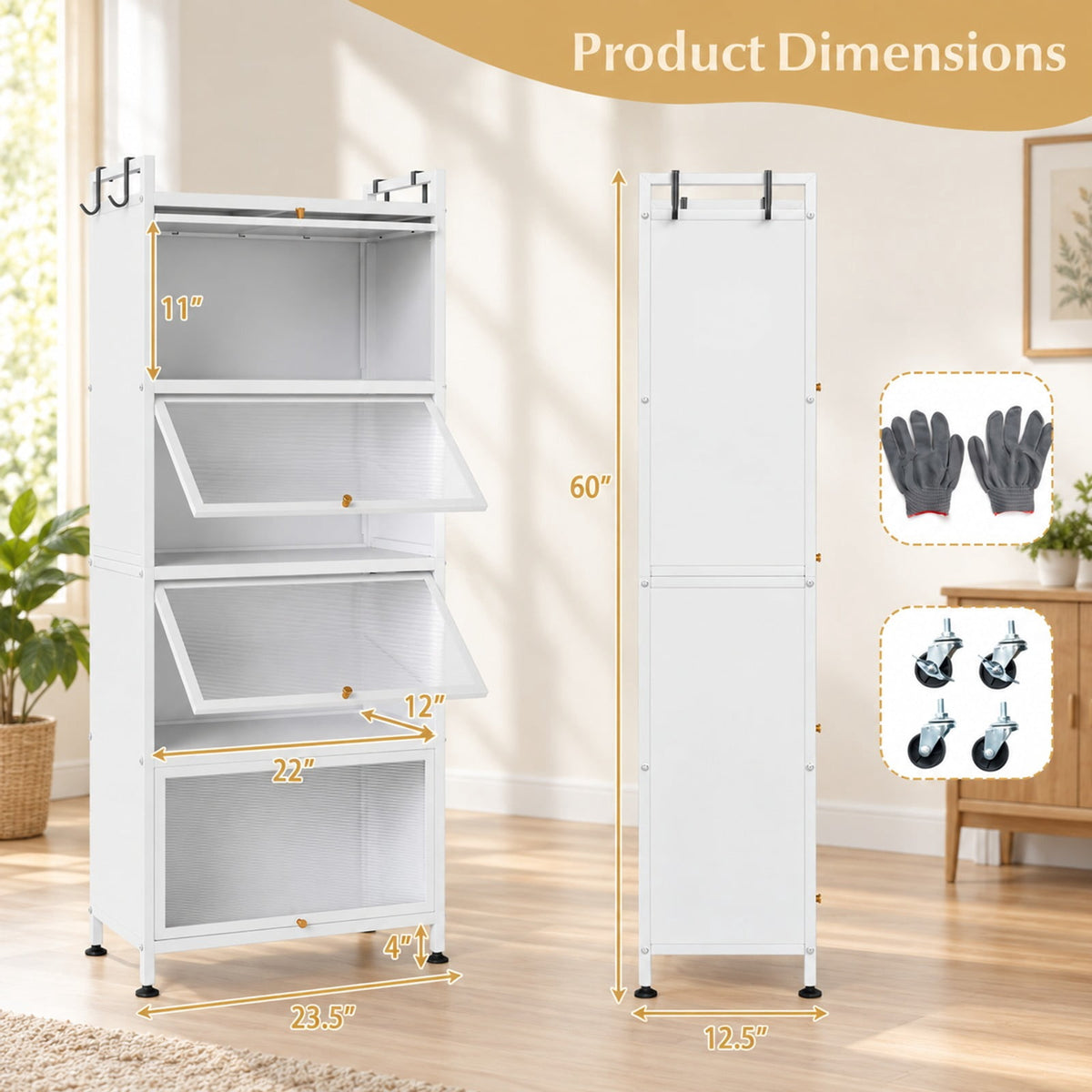 Airfind 5-Tier Kitchen Bakers Rack with Flip-up PC Doors, tier 33 lbs Capacity, Metal PC PP Gray Frame, 23.5 x 12.5 x 60.5 Footprint, White