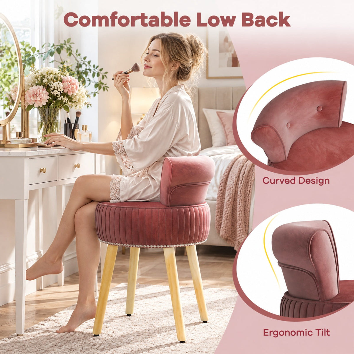 Airfind Velvet Vanity Chair with Back Upholstered Vanity Stool with Tufted Low Back and Solid Wood Legs, 234 lbs Capacity, Rubber Wood Frame, Pink