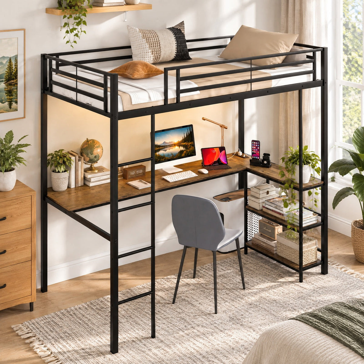 Airfind Twin Size Loft Bed Raised Platform Bed with Desk and 2 Storage Shelves, 440 lbs Capacity, MDF Metal Frame, 78 x 41.5 x 71 Footprint