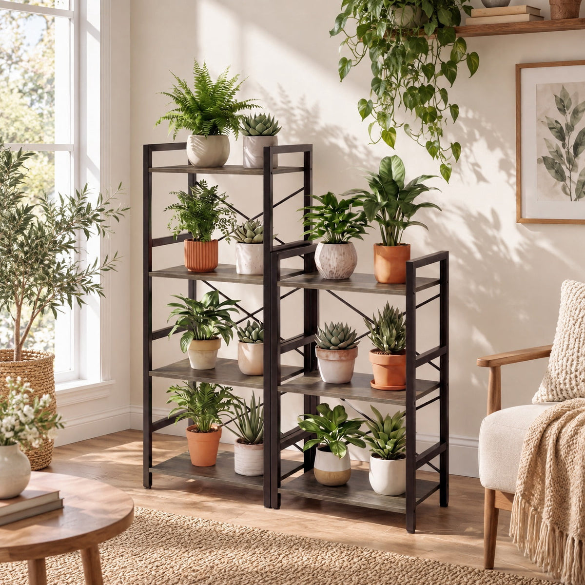 Airfind 4-Tier Bookshelf Narrow Freestanding Display Shelf with Metal Frame, 132 lbs Capacity, Engineered Wood Metal Frame, Rustic Brown + Black