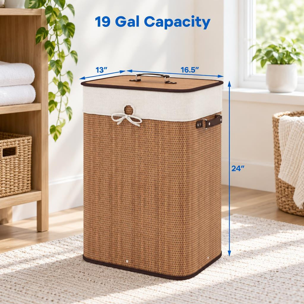Airfind 19 Gal Rectangle Laundry Basket Bamboo Clothes Hamper with Handles and Lid, Bamboo and polyester cotton Frame, Yellow