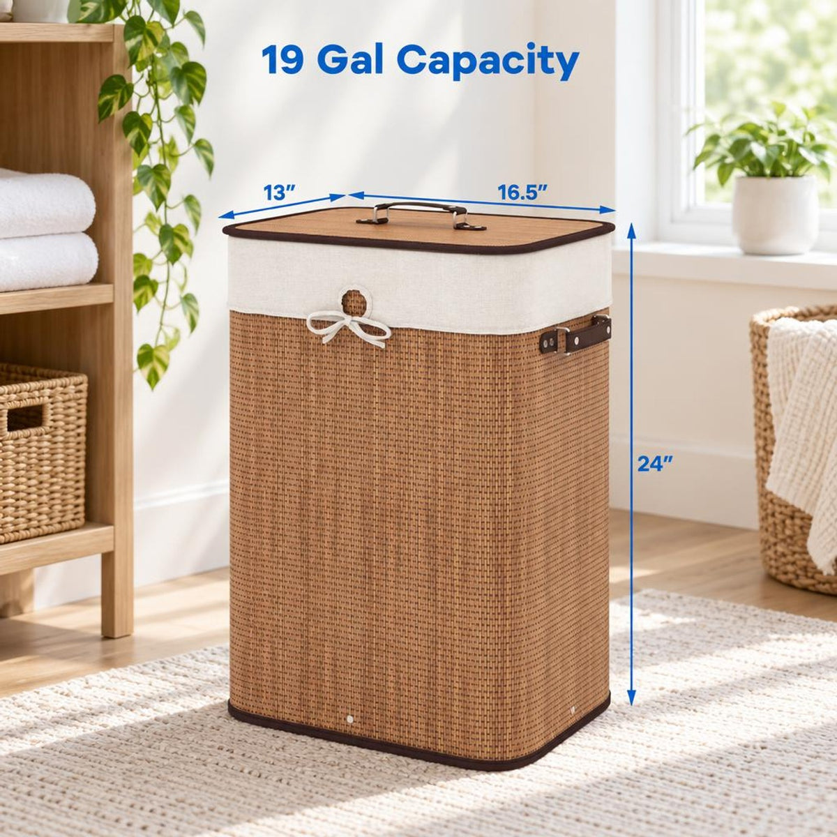 Airfind 19 Gal Rectangle Laundry Basket Bamboo Clothes Hamper with Handles and Lid, Bamboo and polyester cotton Frame, Yellow