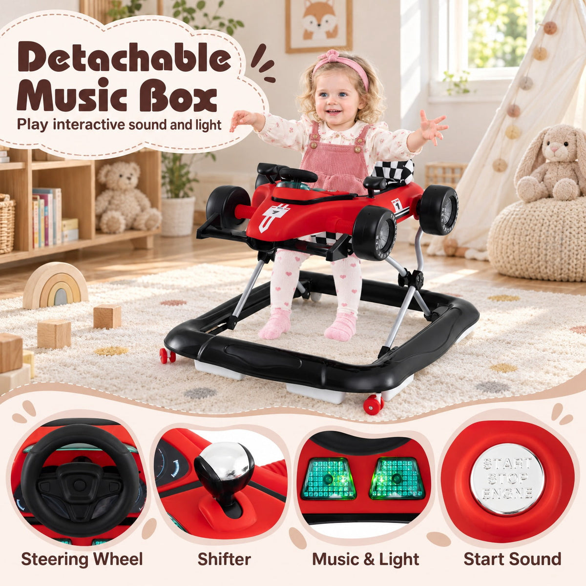 Airfind 4-in-1 Youth Push Walker Activity Center Height Adjustable featuring Music Box, 26.5 lbs Capacity, PP Metal Frame, for 6-18 Months, Red