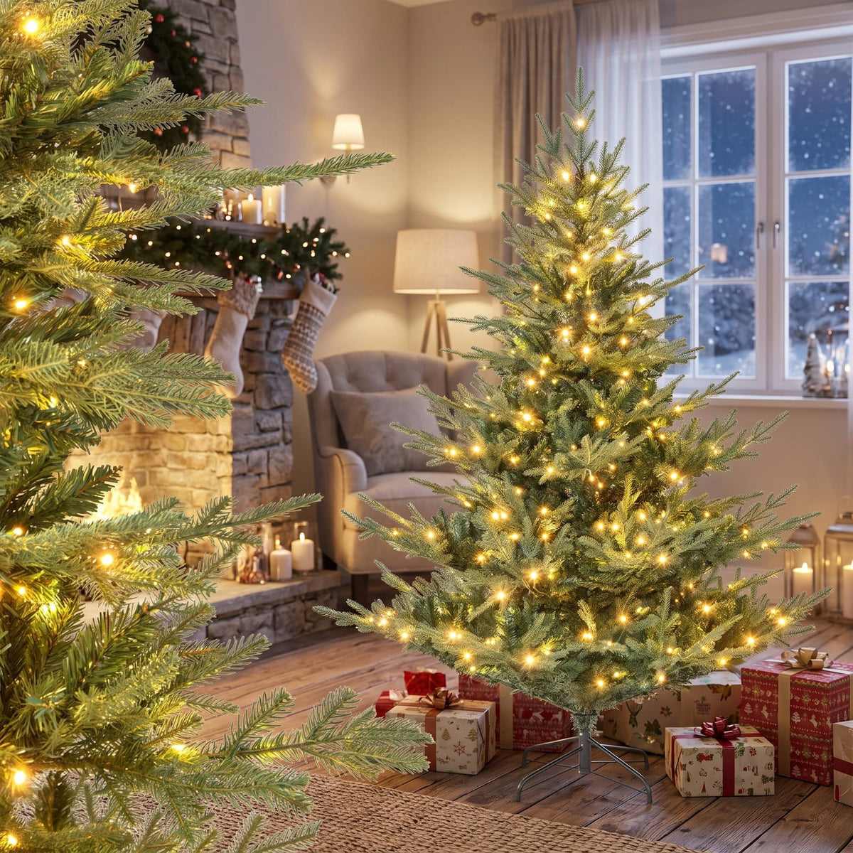 Airfind Artificial Christmas Tree with Branch Tips and Warm White LED Lights-6 Feet, White, Folding metal stand with protective foot pads