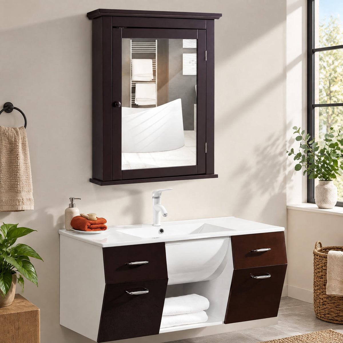 Airfind Bathroom Wall Mounted Storage Mirror Medicine Cabinet, 11 lbs Capacity, MDF and glass Frame, 22 x 6 x 27.5 Footprint, Brown
