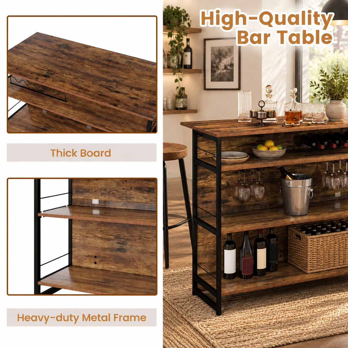 Airfind 4-Tier Mini Bar Kitchen Island with Footrest and Wine Rack, 44 lbs Capacity, Engineered Board Metal Frame, 47 Inch x 23.5 Inch x 40 Inch Footprint