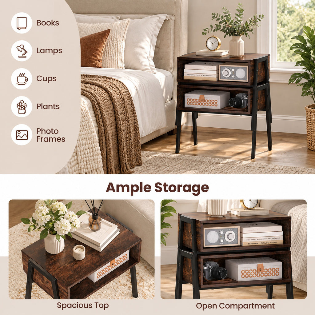 Airfind 2 Pieces Stackable Night Stand Bedside End Table Set, 66 lbs Capacity, Steel Frame, 21 x 14 x 18 Footprint, Brown