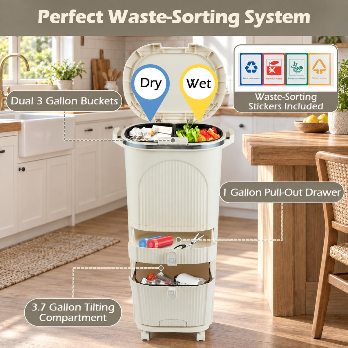 Airfind 11 Gallon 3-Layer Kitchen Trash Can with Lid and 2 Removable Buckets, PP Frame, 17in x 11.5in x 32.5in Overall Height (Open) 43in Footprint