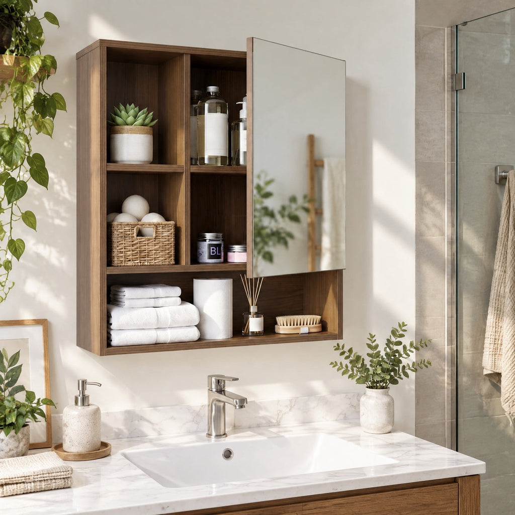 Airfind Wall-Mounted Mirror Cabinet with 2 Hidden Shelves and 3 Open Compartments, 22 lbs Capacity, Engineered Wood Frame, 22 x 6 x 24 Footprint