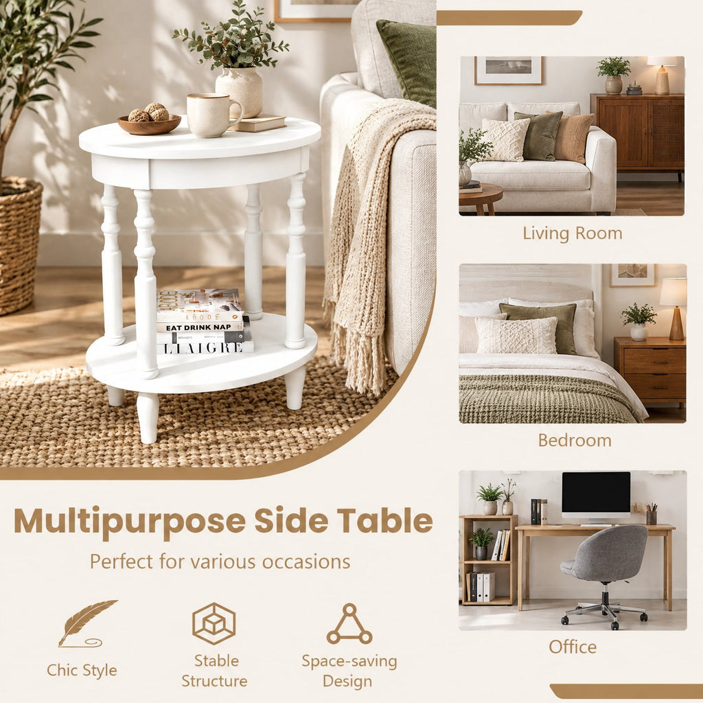 Airfind 2-Tier Oval Side Table with Storage Shelf and Solid Wood Legs, 245 lbs Capacity, MDF Rubber Wood Frame, White
