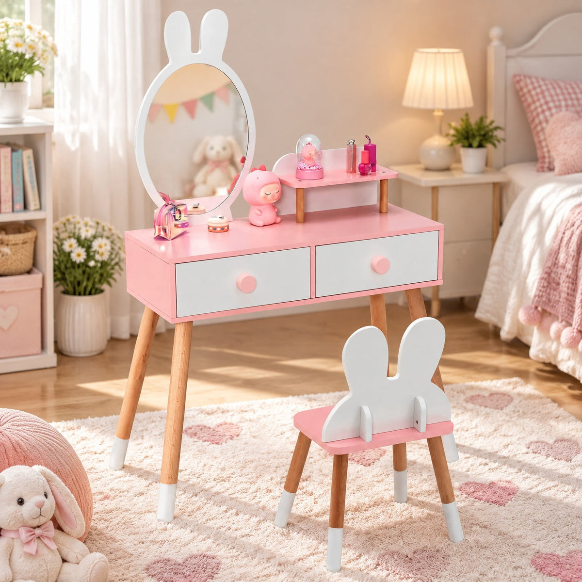 Airfind Kids Vanity Table and Chair Set with Drawer Shelf and Rabbit Mirror, 66 lbs Capacity, MDF Beech Wood Frame, White