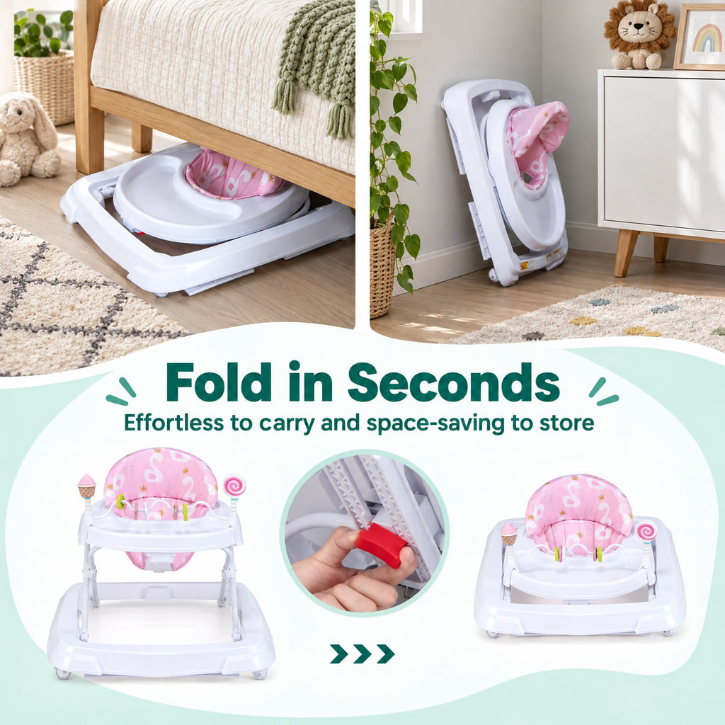 Airfind Foldable Baby Activity Walker with Adjustable Height and Detachable Seat Cushion, 30 lbs Capacity, PP Metal Frame, for 6-36 Months Old, Pink