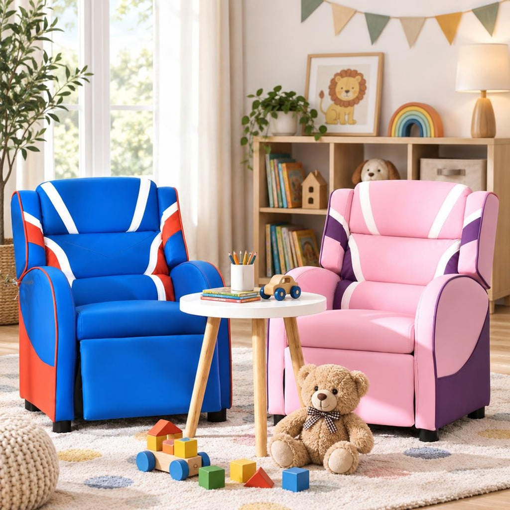 Airfind Kids Leather Recliner Chair with Side Pockets, Solid wood PU leather sponge plastic iron Frame, for 3-9 years old, Blue