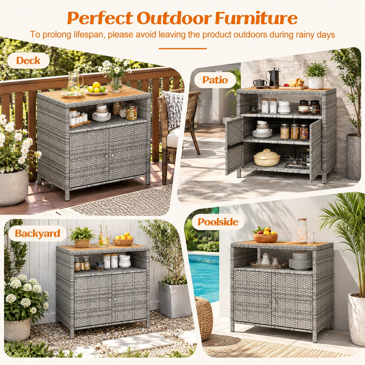 Airfind Rattan Storage Cabinet with Acacia Wood Countertop for Poolside Deck and Patio, 100 lbs Capacity, PE Rattan Acacia Wood Metal Frame, Gray