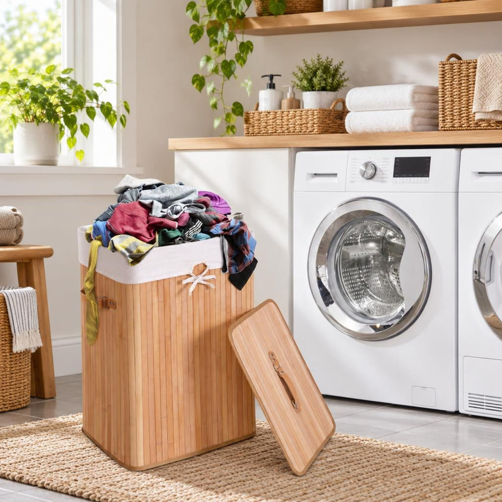 Airfind Rectangle Bamboo Hamper Laundry Basket Washing Cloth Bin Storage Bag Lid 3 color, Bamboo and polyester cotton Frame, Natural