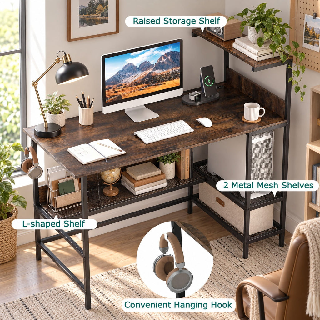 Airfind 48 Inch Computer Desk with Power Outlets and Storage Shelves, 88 lbs Capacity, Engineered Wood Metal Frame, 48 Inch x 23 Inch x 43.5 Inch Footprint