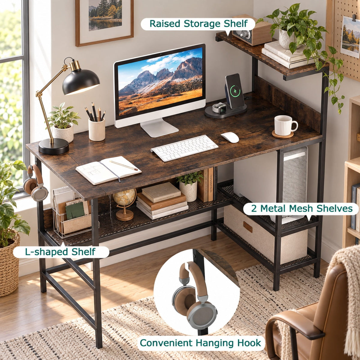Airfind 48 Inch Computer Desk with Power Outlets and Storage Shelves, 88 lbs Capacity, Engineered Wood Metal Frame, 48 Inch x 23 Inch x 43.5 Inch Footprint
