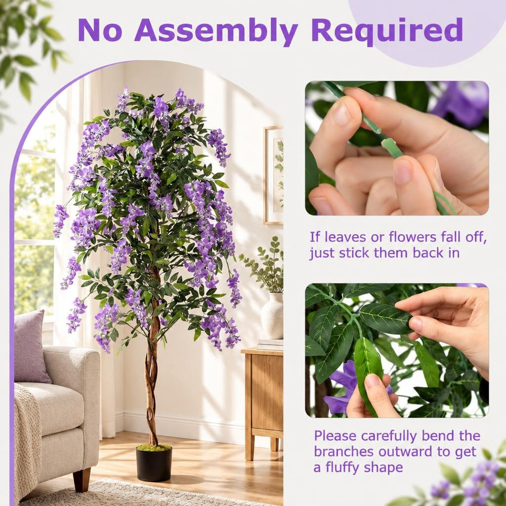 Airfind Fake Ficus Plant 6 FT Artificial Wisteria Tree with Natural Trunks and Purple Lifelike Flowers, Purple