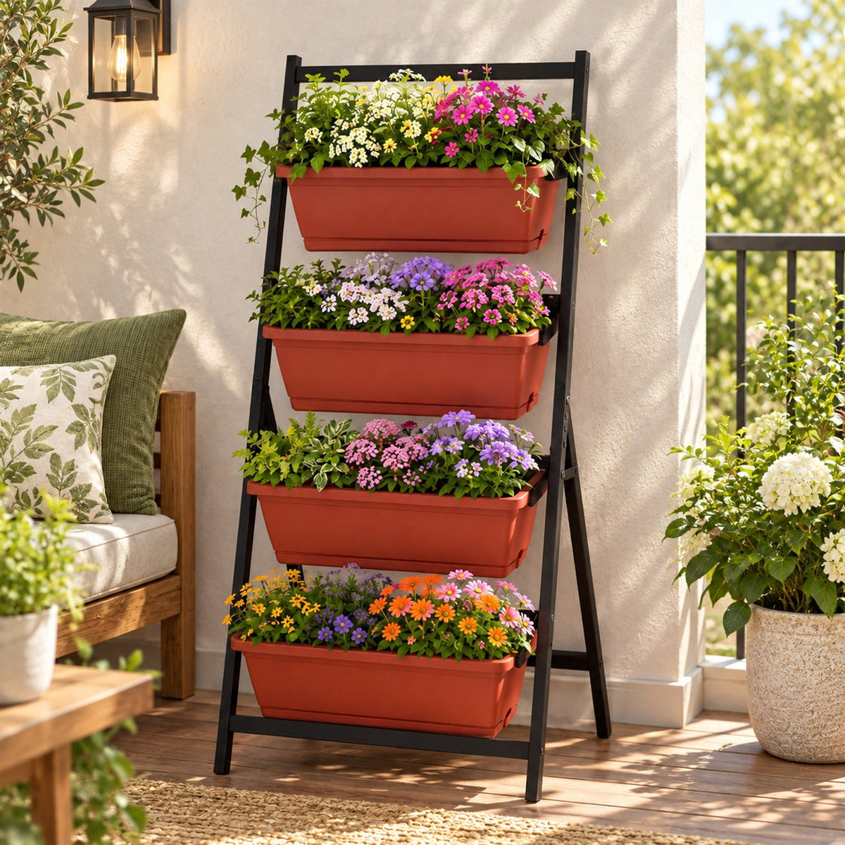 Airfind 4-Tier Vertical Raised Garden Bed with Drainage Holes and 4 Containers, Plastic Metal Frame, 26 x 20 x 49 Footprint, Red