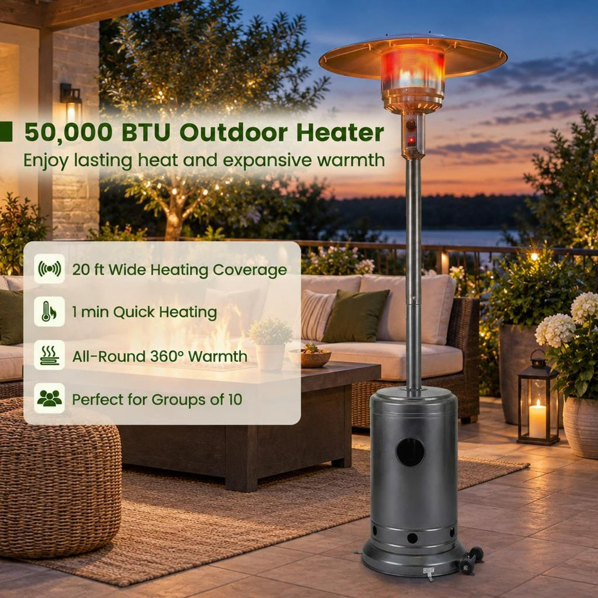 Airfind 50 000 BTU Patio Propane Gas Heater with Stainless Steel Burner, Stainless Steel Metal Aluminum Frame, 32.5in x 86in Footprint, Gray