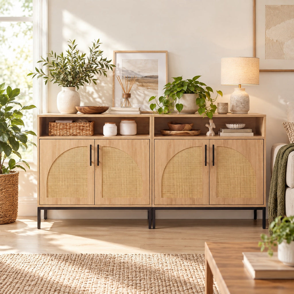 Airfind 32 Sideboard Buffet Cabinet with 2 Natural Rattan Decorated Doors and Adjustable Shelf, 145 lbs Capacity, 32 x 15 x 32.5 Footprint