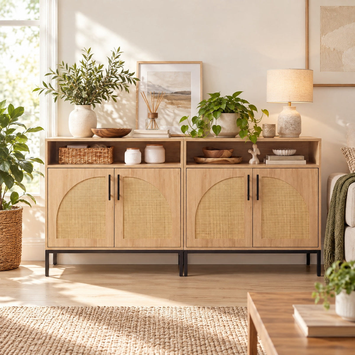 Airfind 32 Sideboard Buffet Cabinet with 2 Natural Rattan Decorated Doors and Adjustable Shelf, 145 lbs Capacity, 32 x 15 x 32.5 Footprint