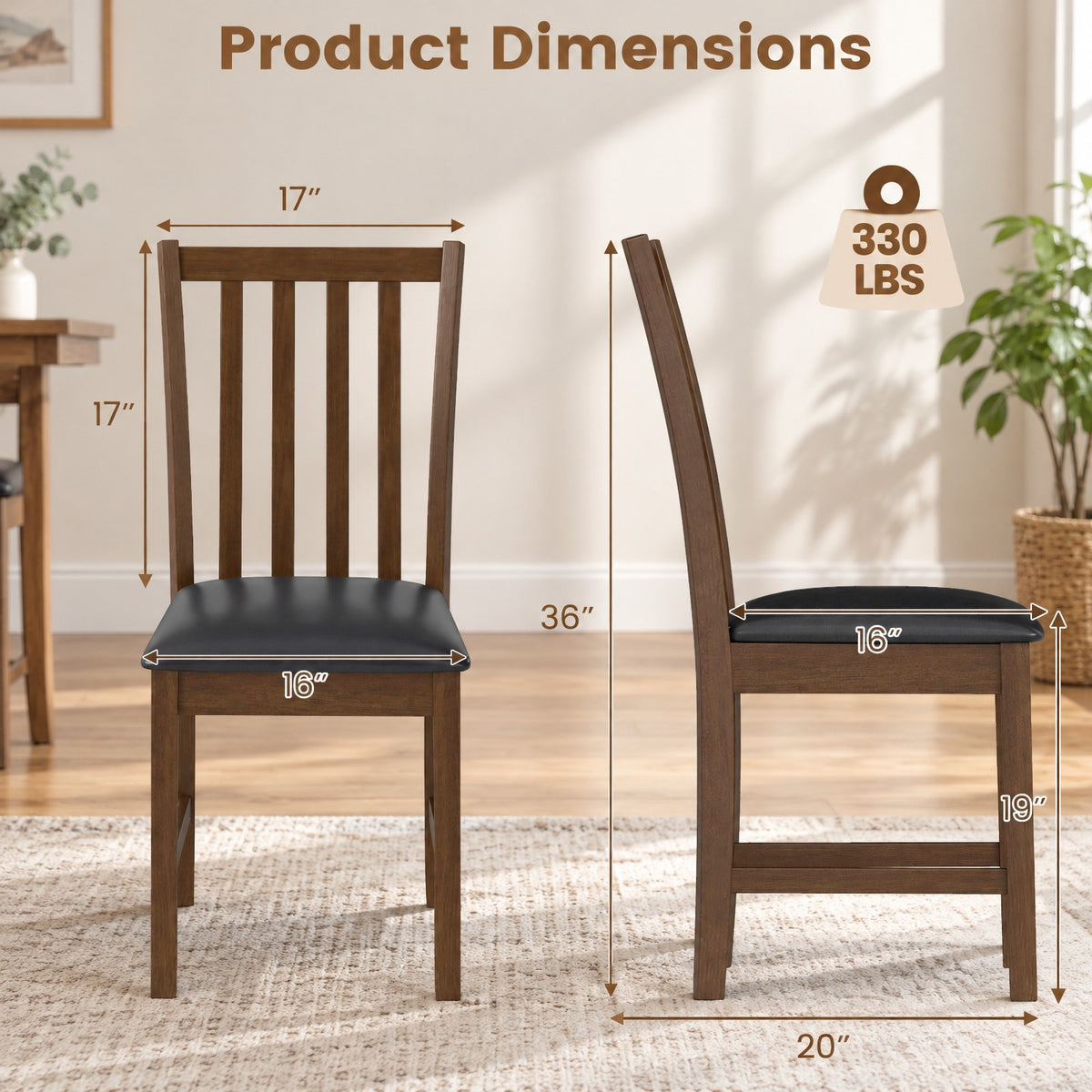 Airfind Wooden Dining Chair Set of 2 with Rubber Wood Frame and Padded Seat, Chair 330 lbs Capacity, Rubber Wood MDF Sponge PVC Leather Frame, Brown