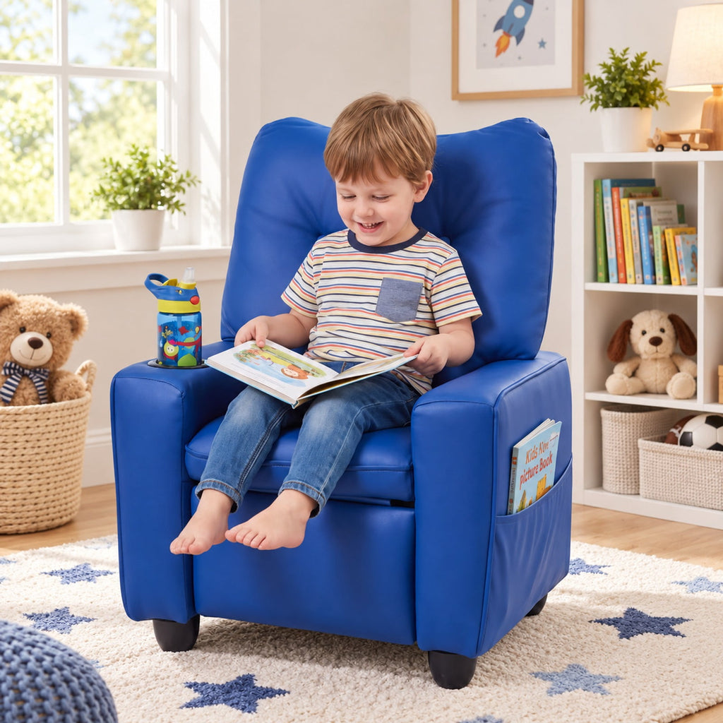 Airfind Youth Recliner featuring Cup Holder Armrests and Adjustable Backrest for Playroom, Wood Frame, 24 Inch x 21 Inch x 30 Inch Lying Footprint, Blue