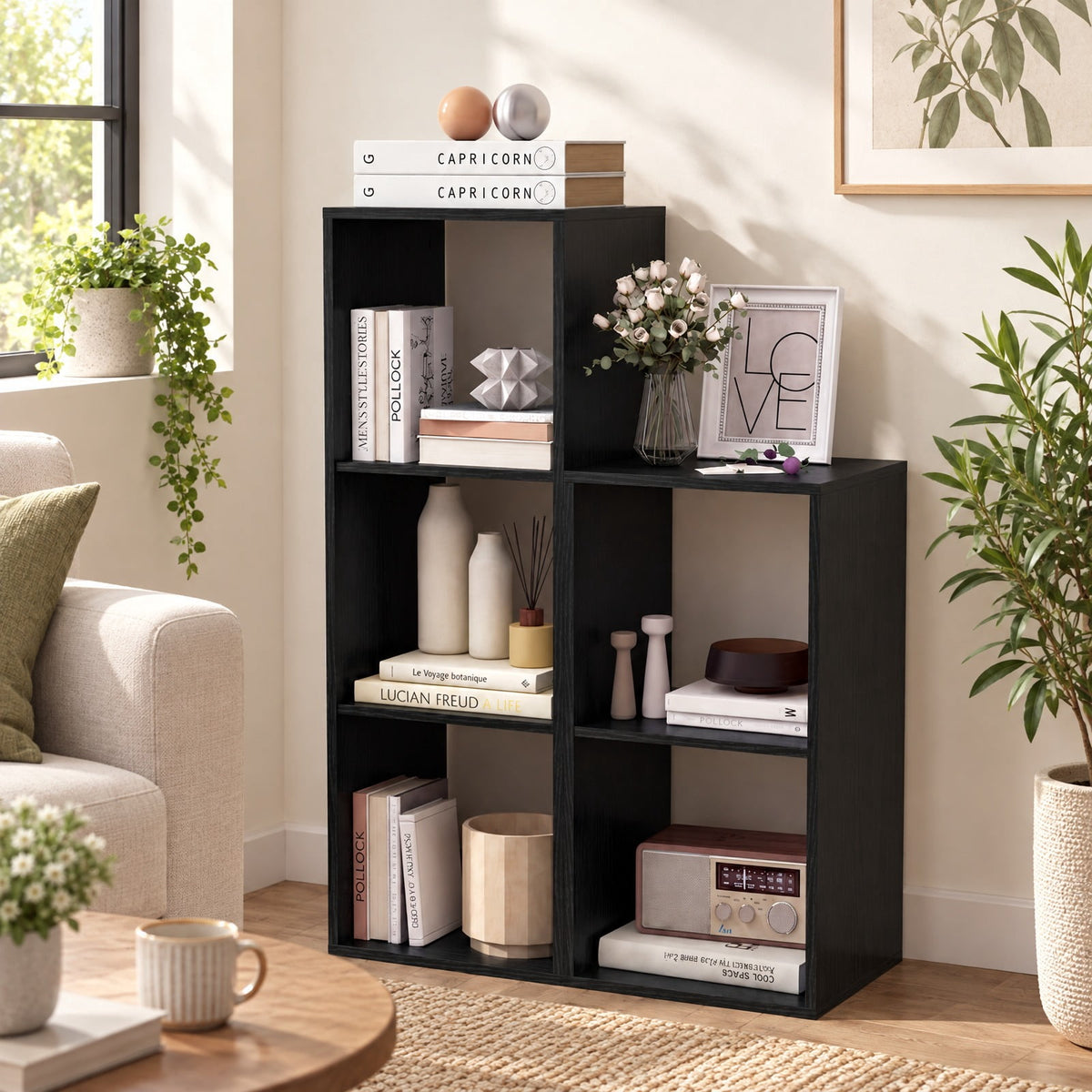 Airfind 3 Cube Bookshelf with Back Guardrail for Living Room Bedroom, Engineered Wood Frame, 14 Inch x 13 Inch x 41 Inch Depth of Bottom Shelf 12 Inch Footprint