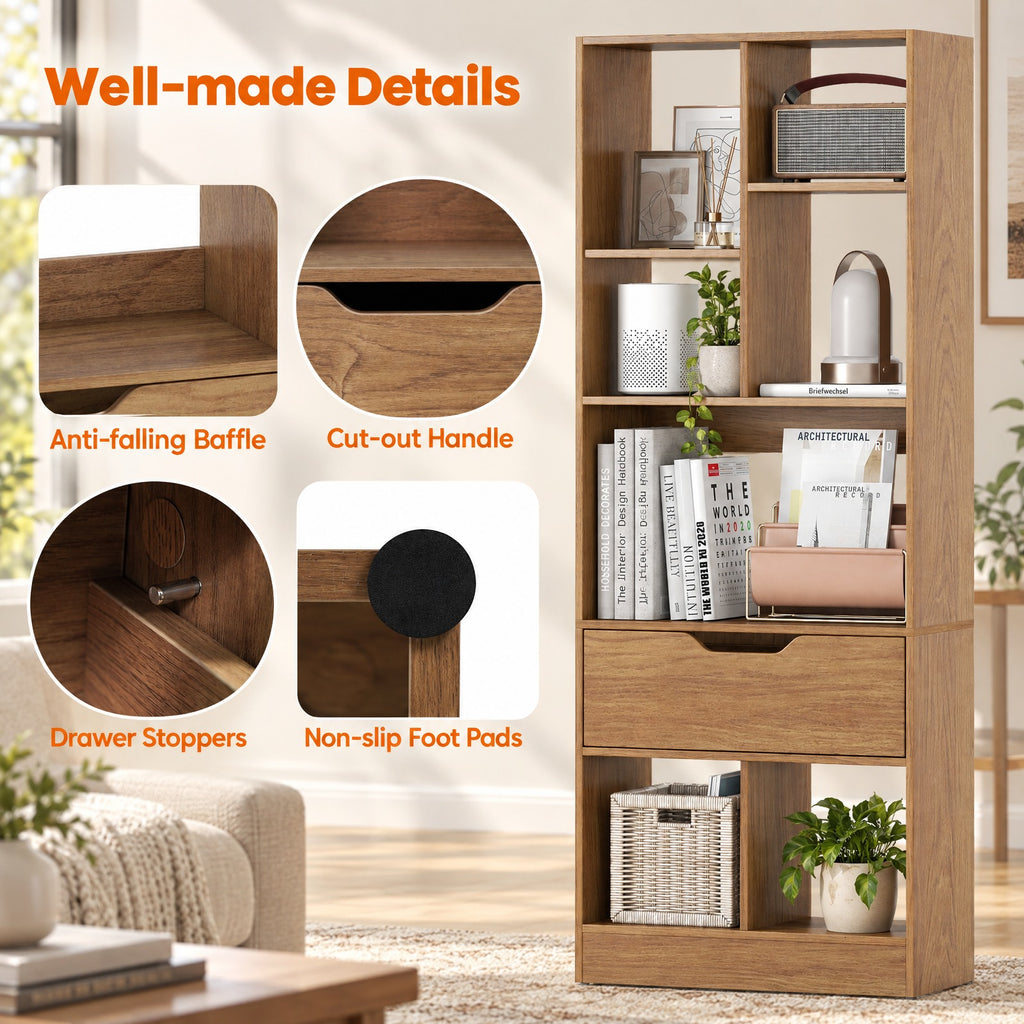 Airfind 51inch Tall Freestanding Bookcase with Drawer 7-Cube Storage Organizer, 165 lbs Capacity, Engineered Wood MDF Frame, Natural