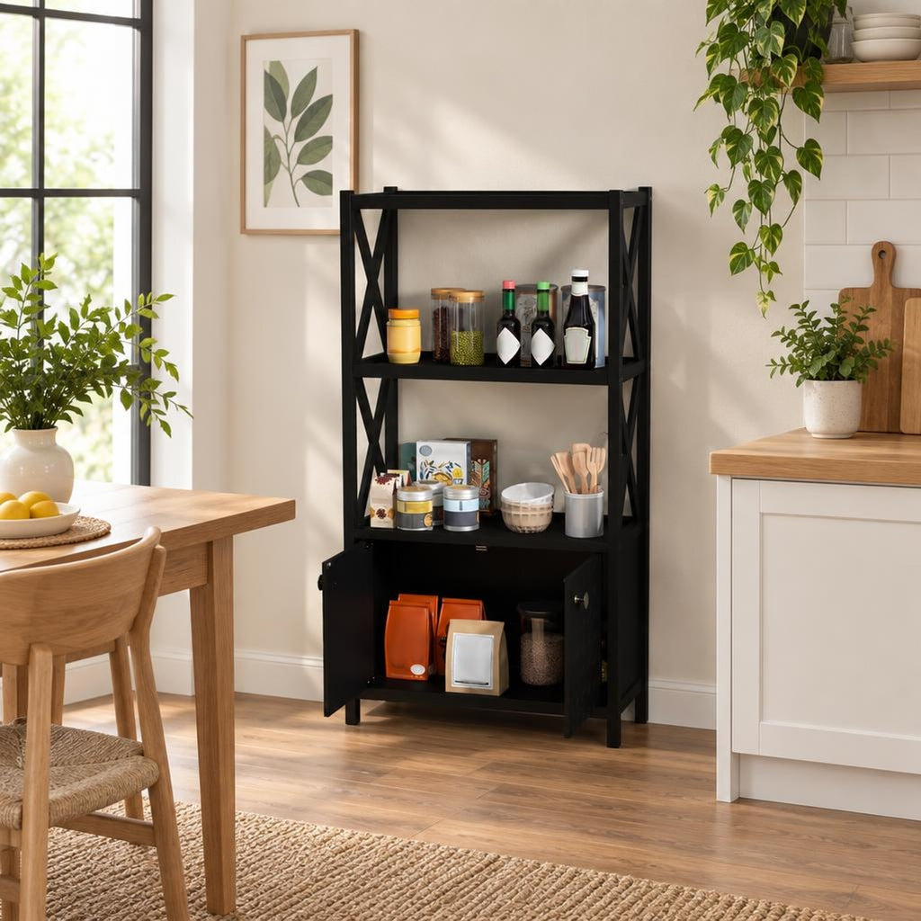 Airfind Bathroom Storage Cabinet with Open Shelves and Double Doors, 88 Lbs Capacity, Rubber Wood Mdf, 25 Inch X 12 Inch X 47 Inch, Black