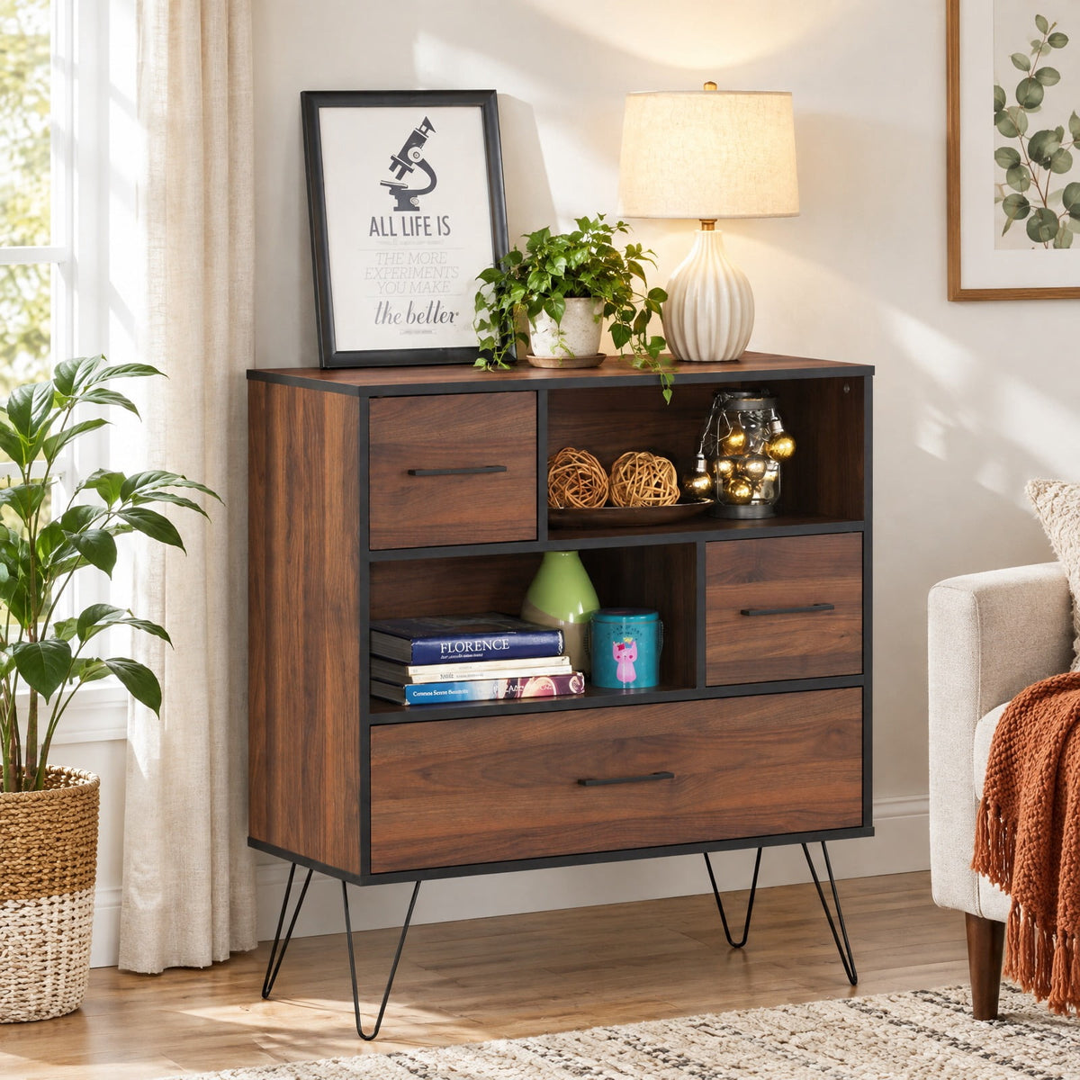 Airfind 3-Tier Wood Storage Cabinet with Drawers and 4 Metal Legs, 11 lbs Capacity, Engineered wood Metal Frame, Wood