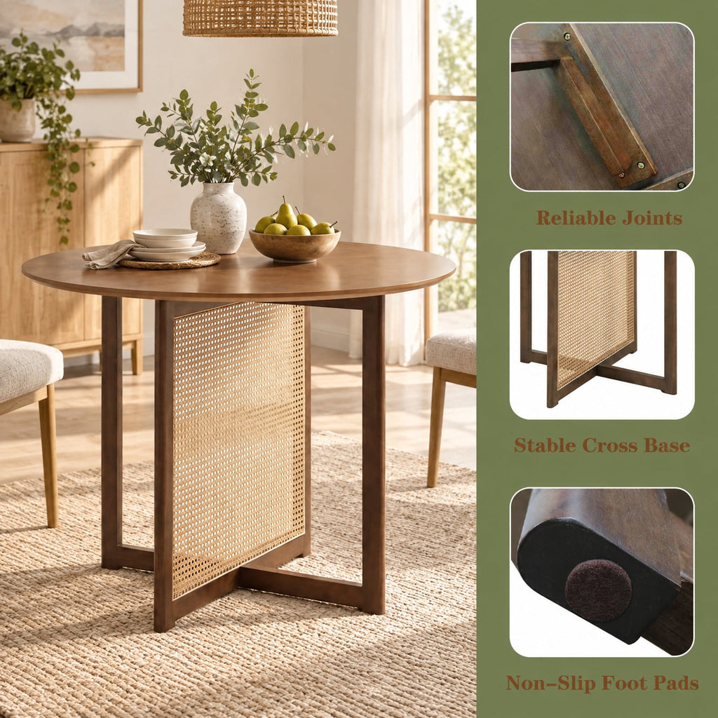 Airfind 37.5 Inch Round Dining Table with Cross Pedestal Base, 165 lbs Capacity, MDF Rubber Wood PE Rattan Frame, 37.5 x 29.5 Footprint, Walnut