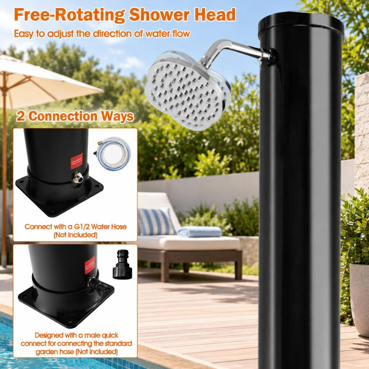 Airfind 7.2 Feet Solar-Heated Outdoor Shower with Free-Rotating Shower Head, Abs PVC Frame, 7.5 x 7.5 x 85.5 Footprint, Black