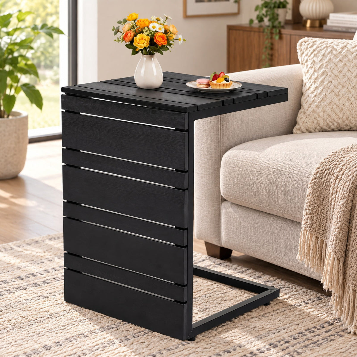 Airfind Space-Saving C-Shaped Side Table with Wood-Plastic Top for Indoor Outdoor, 55 lbs Capacity, Metal PP Frame, 15 x 14.5 x 21 Footprint