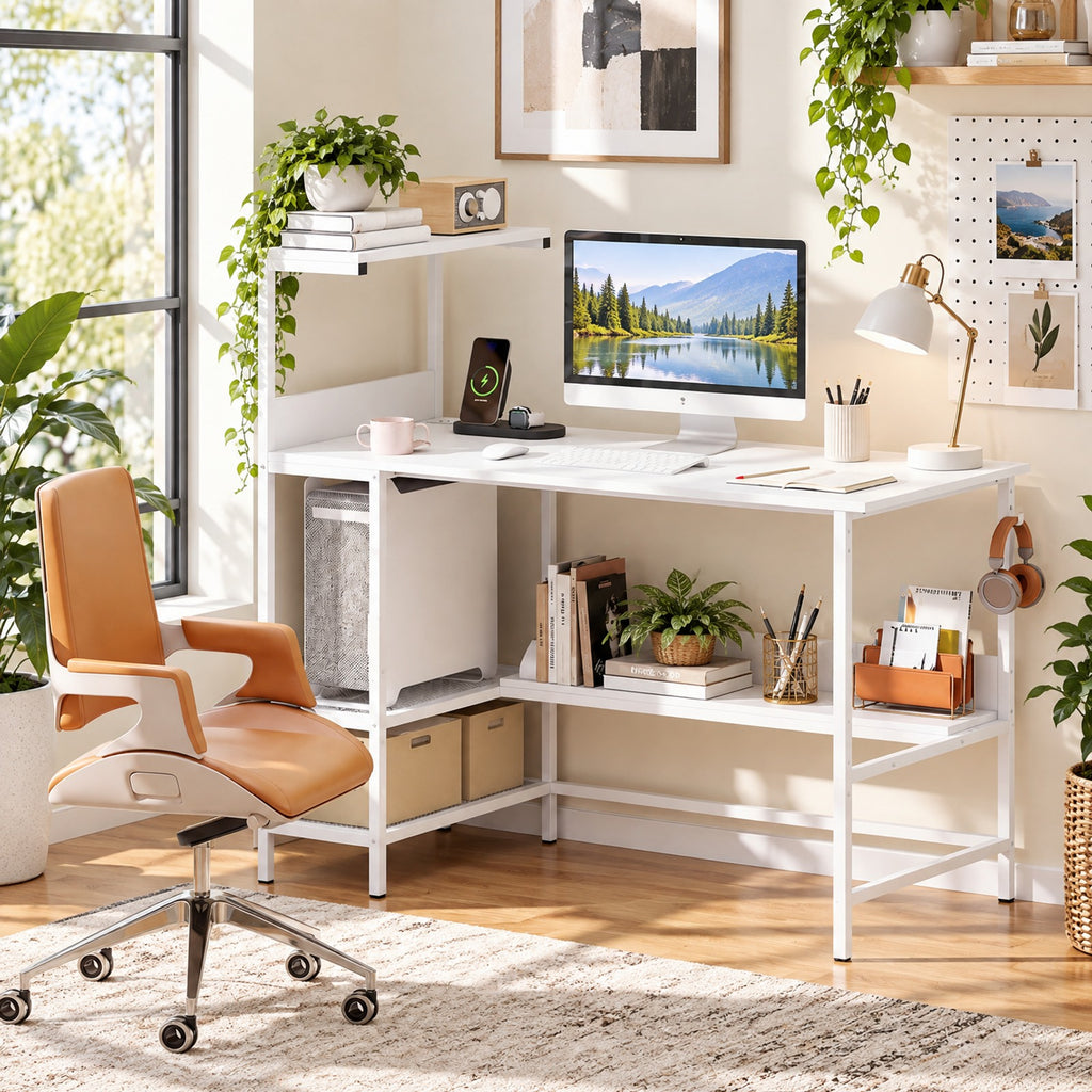 Airfind 48 Inch Computer Desk with Power Outlets and Storage Shelves, 88 lbs Capacity, Engineered Wood Metal Frame, 48 Inch x 23 Inch x 43.5 Inch Footprint